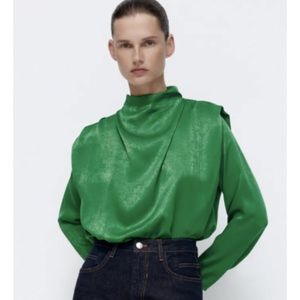 zara DRAPED SHOULDER BLOUSE  High collar blouse with long sleeves gREEN